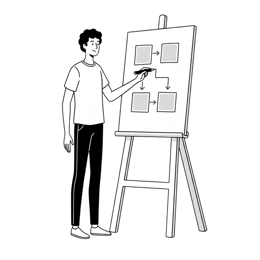 A technology leader sketching an architecture diagram on an easel