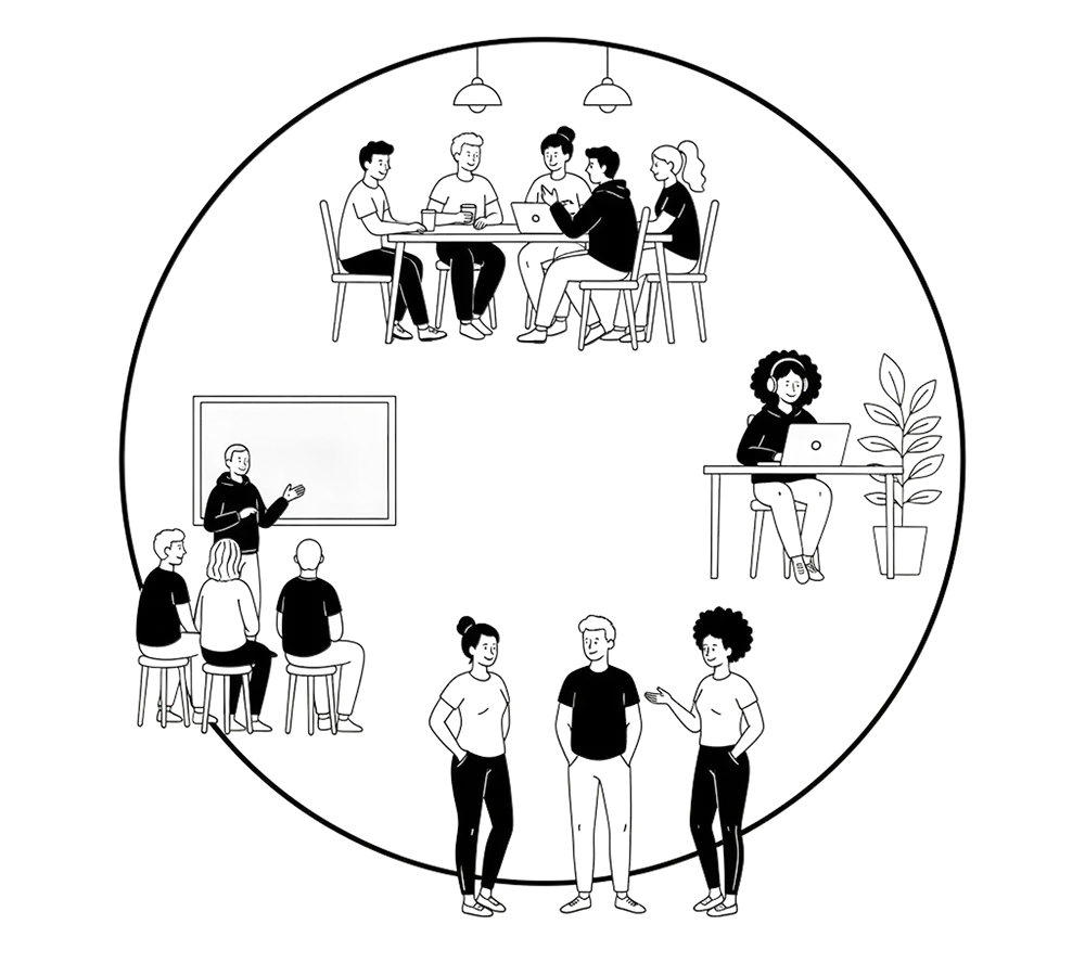 Line illustration of a team at work: a group around a table with laptops, a workshop at a whiteboard, someone heads-down alone, and three people talking