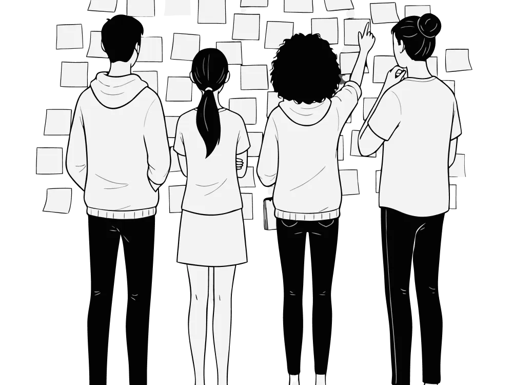 A small team facing a wall of notes, mapping out a domain